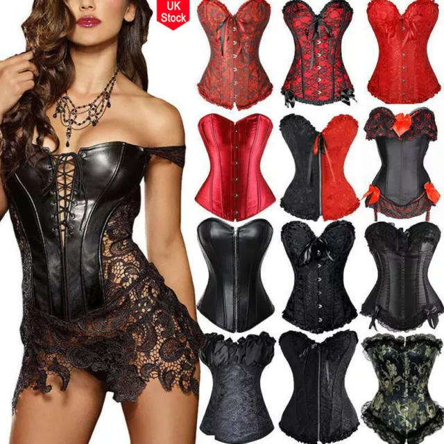 Ladies Sexy Lace Up Boned Top Shaper Basque Corset Suspender Lingerie With Thong