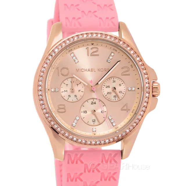 Michael Kors Womens Mini Pilot Glitz Crystals Watch Rose Gold Dial Pink Silicone