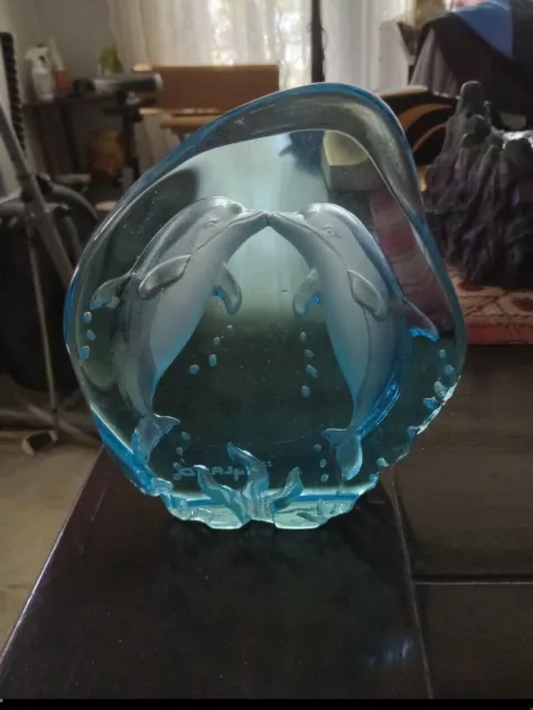 WYLAND Two Dolphins Kissing Blue Glass Art Sculpture 2002