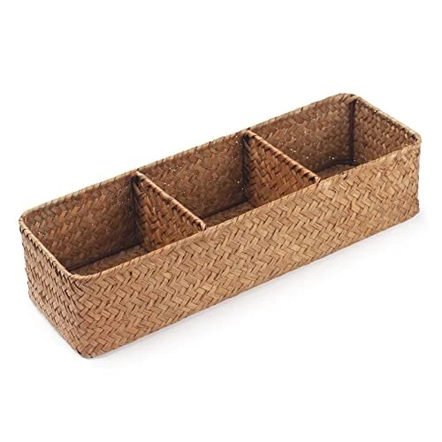 Lot 3 Paniers Rangement Tissés Polyosier Rectangulaires 35x25x7cm Marron