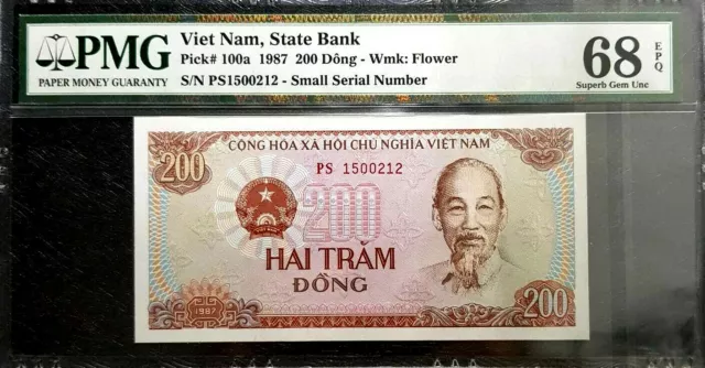 PMG Gem EPQ UNC 68 1987 Vietnam 200 Dong banknote Rare (+FREE 1 B.note)#D7017