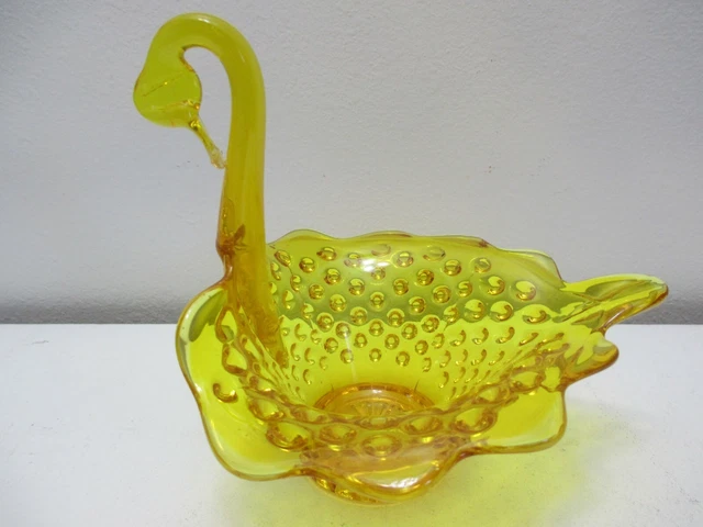 Vintage Kanawha Glass Swan Dish Bowl Hobnail Open Back Yellow Amber 6" Tall
