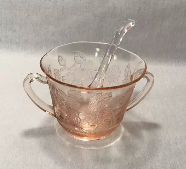 1930's Pink Depression Glass MacBeth Evans Dogwood Open Sugar Bowl with Spoon