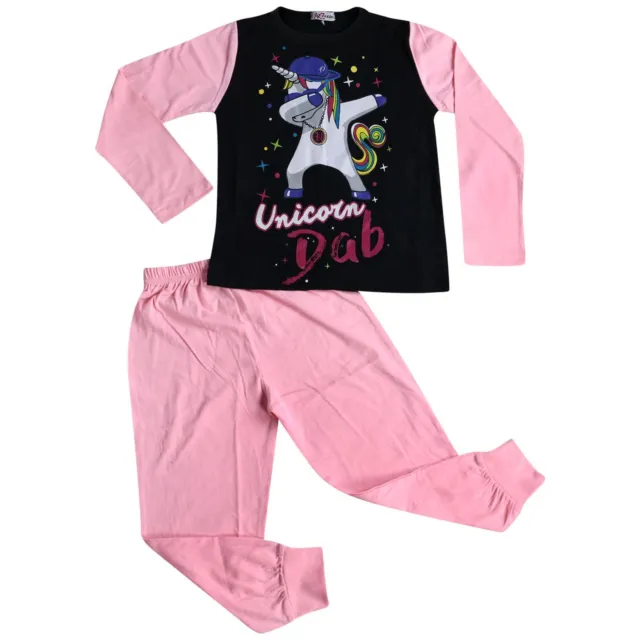 Kids Girls Designer Unicorn Dab Floss Baby Pink Pyjamas Loungewear Nightwear PJS