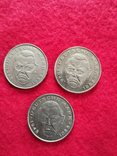 3 Stück 2 DM Münze Ludwig Erhard  Prägung 1988 1996 Deutsche Mark BRD