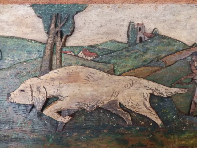 Panneau Bois Chêne Sculpté peint Bas-Relief  "Le Chasseur" Paysage Animé 39 x 20