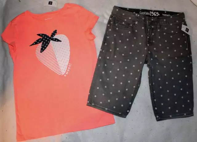 NWT Gap Kids Girl's Summer Camp Strawberry Shirt Top Gray Denim Shorts 12 XL YRS