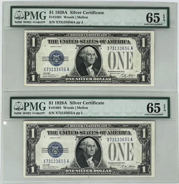 1928-A Fr. 1601 $1.00 Silver Certificates Consecutive Pair, PMG 65-EPQ GEM Unc.