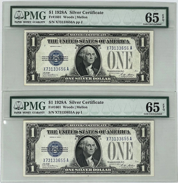 1928-A Fr. 1601 $1.00 Silver Certificates Consecutive Pair, PMG 65-EPQ GEM Unc.
