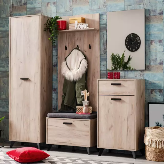 Garderobe Meuble d'éntrée Vestiaire Rangement Vêtements Chêne Gris Homestyle4u