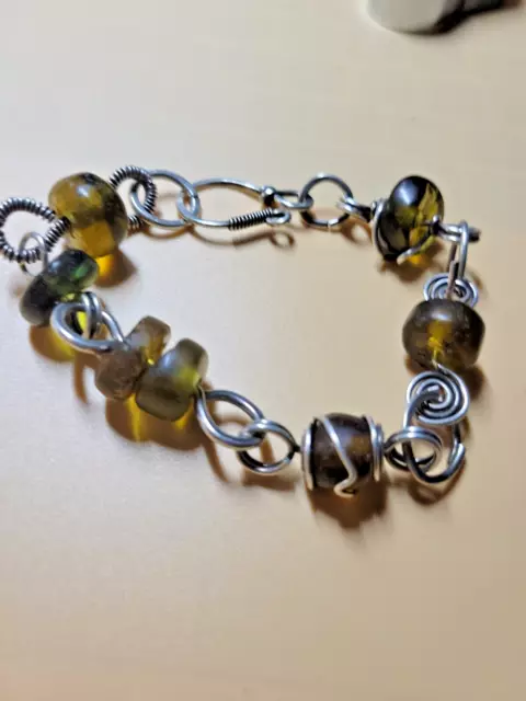 Vintage Handcrafted Beaded Silver Bracelet AMBER STONES green Wrapped Glass 8"