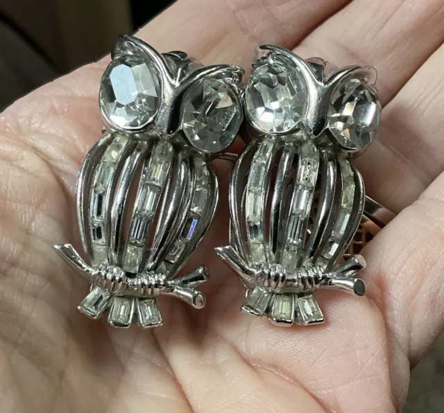 Coro Sterling Owl Duette All Clear rhinestones Vintage Fur Clip Brooch