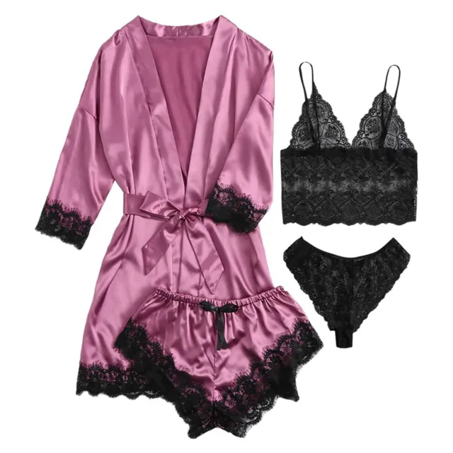 4pcs/set Sexy Woman Satin Sleepwear Pajamas Robe Lace Lingerie Nightwear Suit