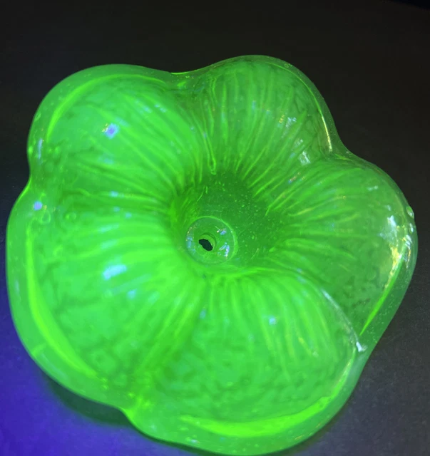 2 Antique Uranium Pressed Sandwich Glass Flower Curtain Tie-Backs No Brackets 2