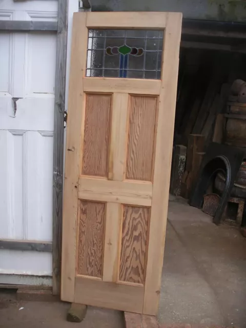 Reclaimed 1920s / 1930s  stripped pine,  stained glass five panel door