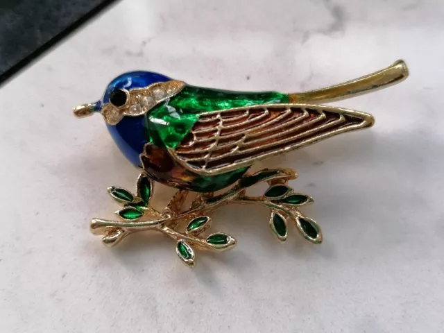 Costume Brooch Bird Gold Tone Metal, Gems & Green Blue Enamel  3.5cm Length