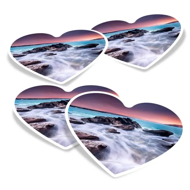 4x Heart Vinyl Stickers Sunset Rocky Beach Scene Sea Waves #52193