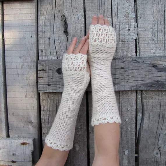 Handmade Knit Crochet Wool Fingerless Womens Long Gloves White Wedding Bridal OS 2