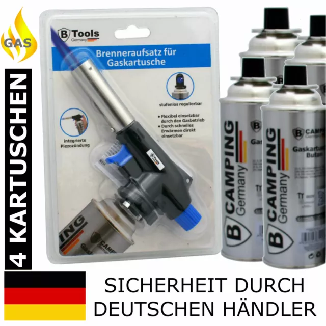 Lötbrenner Gasbrenner + 4 Gas Kartuschen Set Lötlampe Piezo Gasbrenner Löten