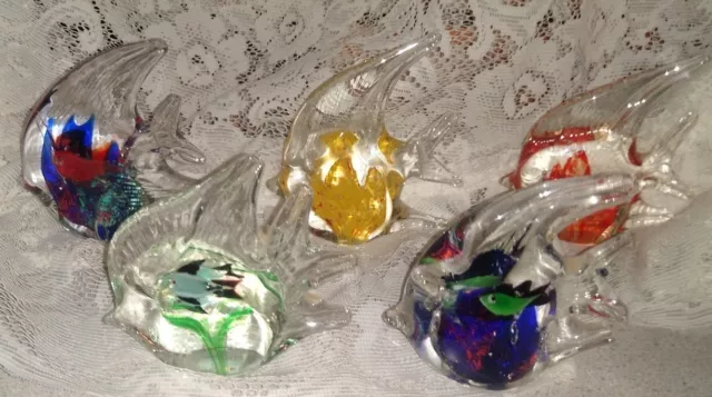 🐠Lot of 5 Beautiful Vintage Art Glass Fish Blown Glass Angel Fish Paperweights