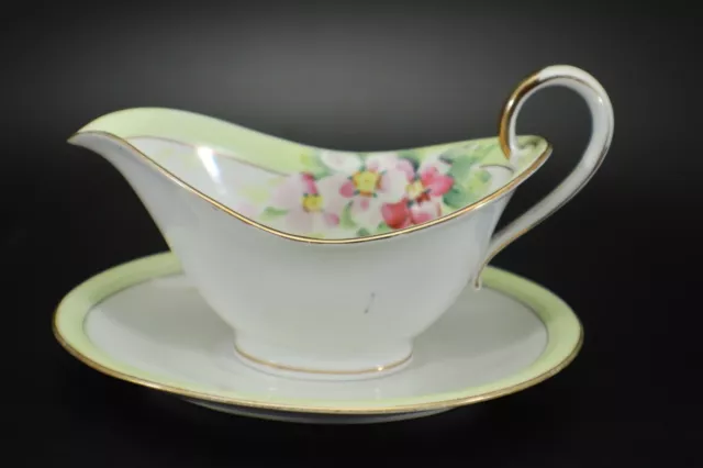 Nippon GRAVY or SAUCE BOAT with Plate Hand Painted Floral Porcelain Antique