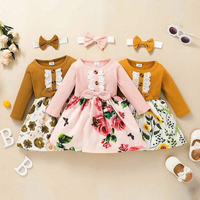 Abito da principessa floreale per bambine a maniche lunghe fiocco a costine