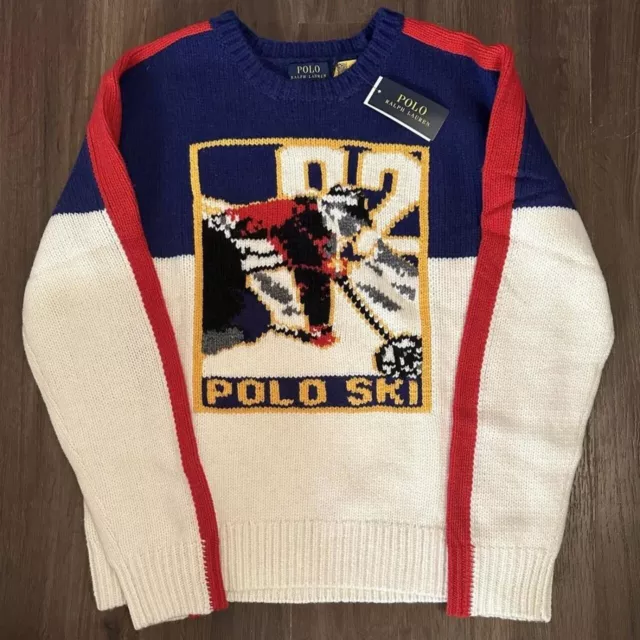 Polo Ralph Lauren Vintage Skier Wool Knit Sweater NWT400 Large Blue White Red