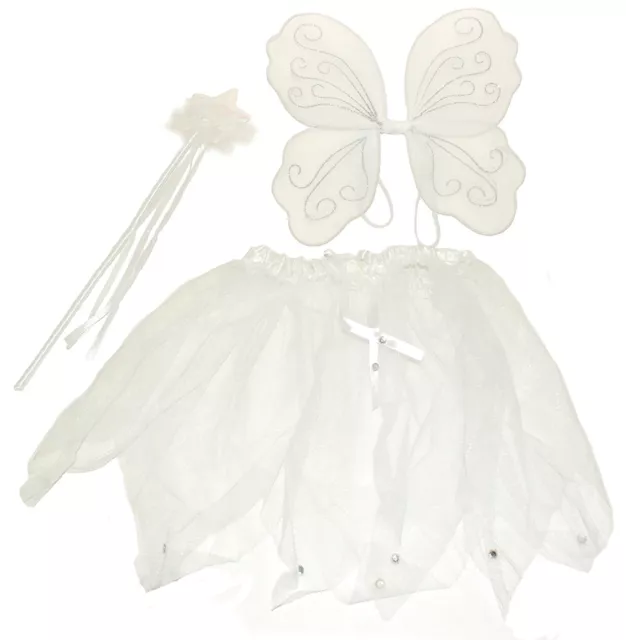Pink White Fairy Wings Wand and Tutu Fancy Dress Set Girls Costume Angel Dress