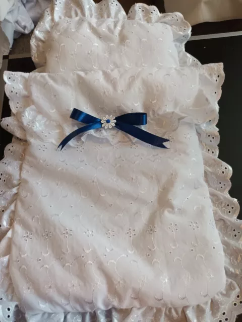 Hand made embroidery anglaise dolls pram set. white cover & pillow. Navy bows.