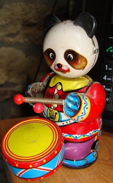 Jouet Mécanique Panda Battant Tambour – Tôle, Mécanisme, Neuf De Stock, Parfait état