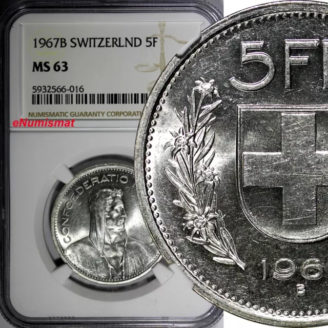 Switzerland Silver 1967 B 5 Francs 31.45 mm NGC MS63 GEM BU KM# 40 (016)