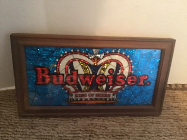 Vintage Budweiser King Of Beers Foil Crown Faux Stained Glass Bar Bud Beer Sign