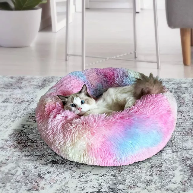 Pet Dog Cat Puppy Rainbow Donut Bed Warm Calming Washable Small Large Mattress