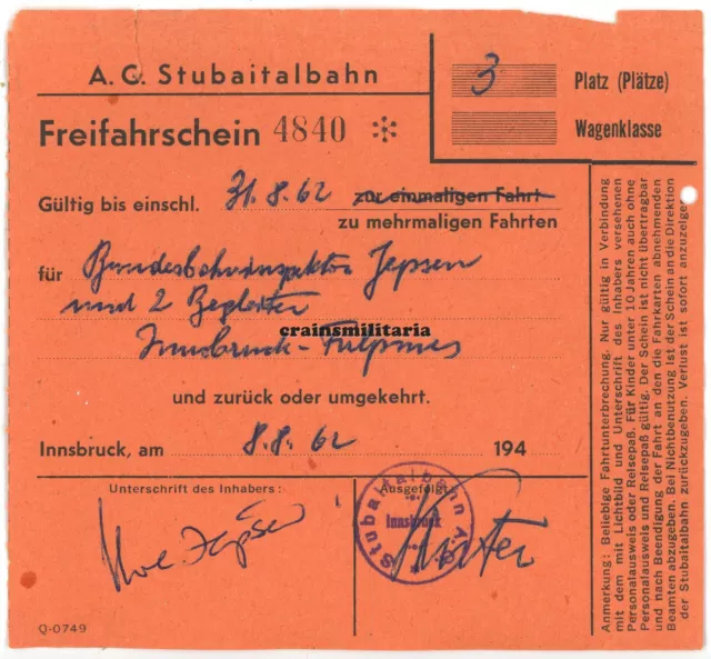 Orig. Fahrschein Fahrkarte A.G. Stubaitalbahn Innsbruck Fulpmes Österreich 1962