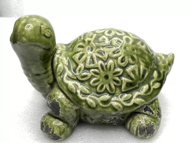 LARGE 7” CERAMIC TURTLE TORTOISE RETRO 70s FLORAL SHELL DISTRESSED