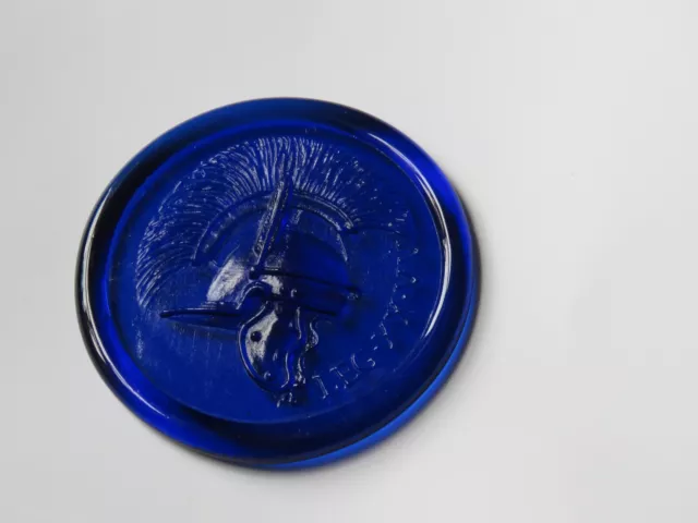Art Glass Weight Cobalt Blue Disc Roman soldier Centurion 9 cm Vintage