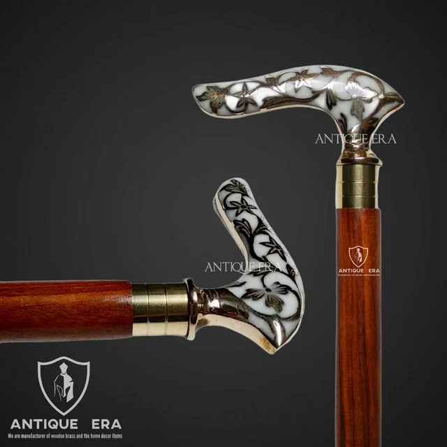 Canne De Marche Style Victorien - Poignée Laiton Antique, Bois Marron, Réglable - Neuf