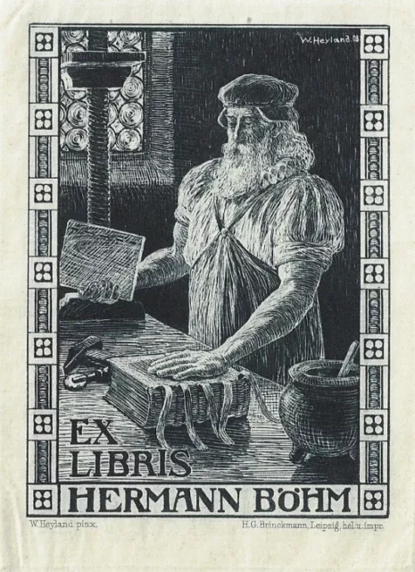 WALTER HEYLAND: Exlibris fürHermann Böhm, 1908, Buchbinder