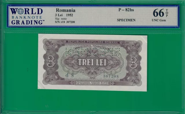 Romania 3 lei 1952 specimen, P82bs, graded *66* TOP & sole example @ ebay!