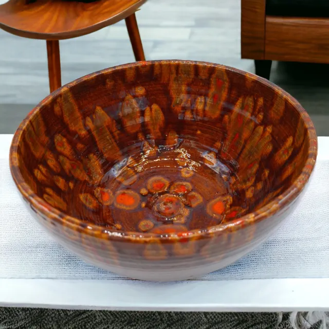 MID CENTURY MODERN Art Pottery Bowl Drip Glaze Brown Avocado Green Orange 12"