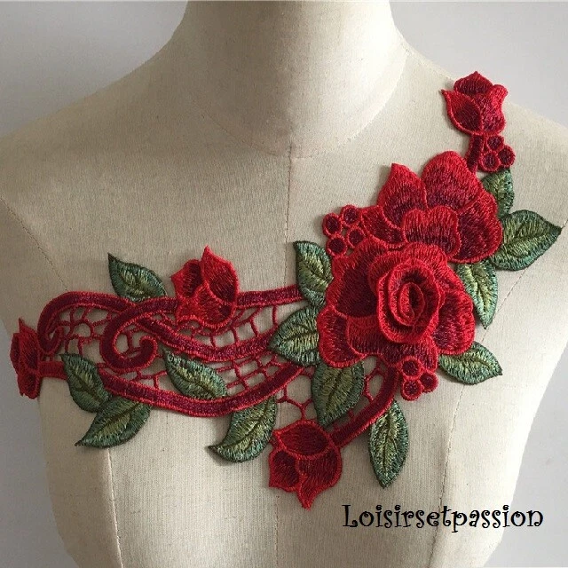 GRANDE APPLIQUE DENTELLE / ROUGE ** 32 x 13 cm ** FLEURS 3D FEUILLE - ACD32