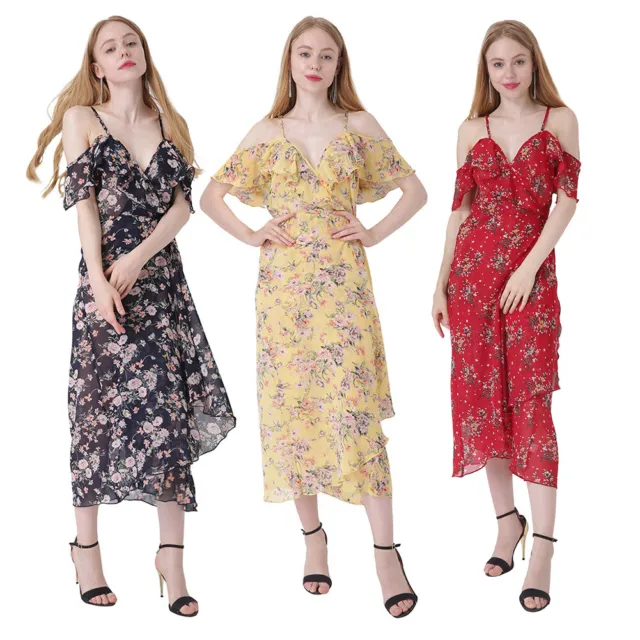 fr Summer Chiffon Women Ruffle Sexy Spaghetti Strap Irregular Hem Floral Dress-2