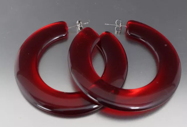 Vintage 60’S Red Plastic Lucite Pierced Hoop Earrings 