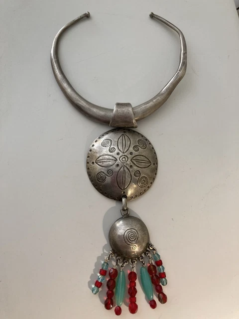 Collier XXL Vintage La Tribu Rigaux - Corne, Cuir Et étain, Style Ethnique Années 80/90
