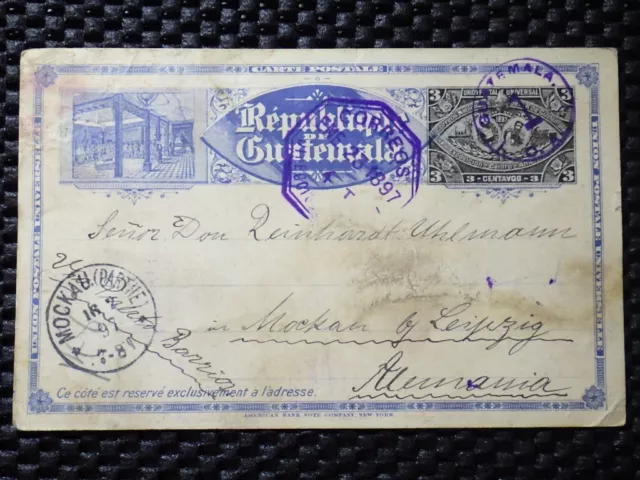 Guatemala Ganzsache 3 Centavos Litho. gelaufen 1897 - Mockau / Leipzig 3 Stempel