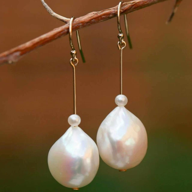 16.5mm Natural white Freshwater Baroque pearl 14k gold earrings Mother's Day