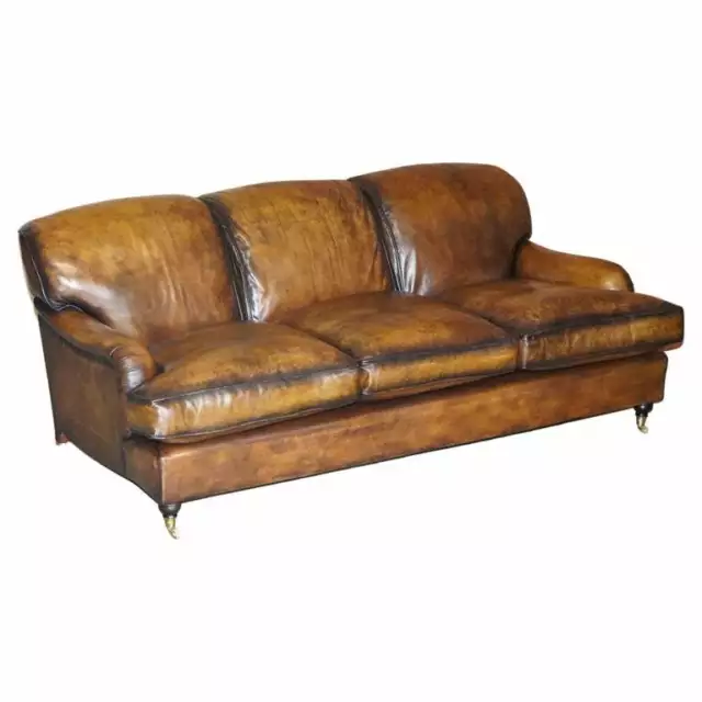 Stunning Vintage Fully Restored Hand Dyed Brown Leather Howards & Son Style Sofa