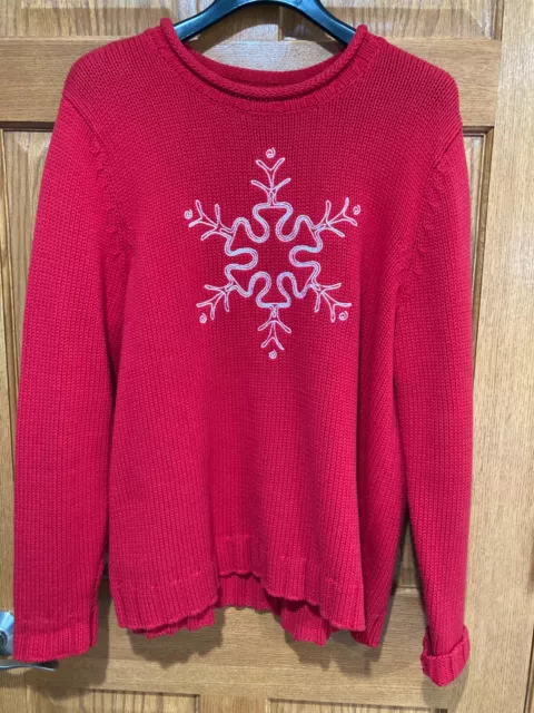 CJ BANKS Women's 1X Red Pullover Sweater White Embroidered Snowflake Winter EUC