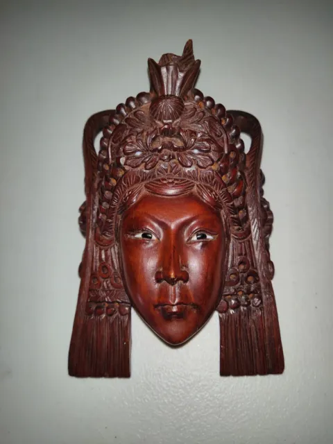 Antique Chinese Empress Rosewood Heavily Carved MASK Inlaid Eyes 6" Woman Queen