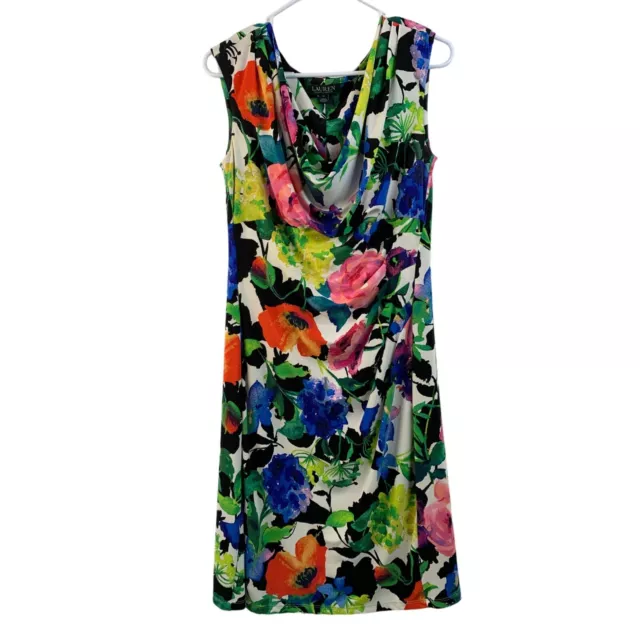 Lauren Ralph Lauren Jersey Floral Cap Sleeve Dress Size 12 EUC Cowl Neck 6690